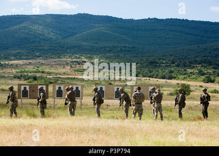 Stati Uniti Marine e U.K. Royal Marine Commando prepararsi a impegnarsi obiettivi durante l'esercizio Platinum Lion 16-4 a bordo di Novo Selo Area Formazione, Bulgaria, 12 luglio, 2016. Questo multi-nazionale esercizio riunisce otto la NATO e i paesi partner per un live-fire esercizio finalizzato a rafforzare la difesa regionale in Europa Orientale. (U.S. Marine Corps foto di Cpl. Kelly L. Street, 2D MARDIV COMCAM/rilasciato) Foto Stock