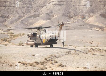 160720-M-KK554-445 Forze di Difesa Israeliane National Training Centre, Israele (20 luglio 2016) UN CH-53D Sea Stallion dalle Forze di Difesa Israeliane conduce U.S. Marines con Marine mezzo squadrone Tiltrotor 264 (rinforzato), 22 Marine Expeditionary Unit (MEU), su una tattica di ripristino dei velivoli e personale esercizio luglio 20, 2016 durante il nobile Shirley 16, un accordo bilaterale in materia di esercizio tra le forze armate. Xxii MEU, distribuito con la Vespa Anfibia Gruppo pronto, sta conducendo operazioni navali negli Stati Uniti Sesta flotta area di operazioni a sostegno degli Stati Uniti per gli interessi di sicurezza nazionali in Europa. (U.S. Foto Stock