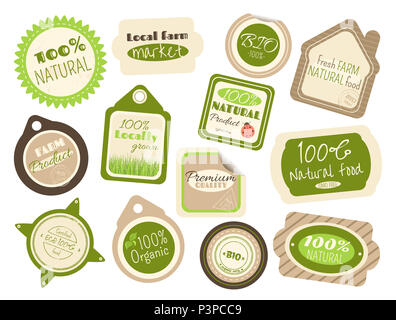 Set di etichette e adesivi in stile retrò con letterings per agriturismo negozi di alimentari. Eco Bio e concetto. Iscrizioni 100% naturale, qualità, certif Foto Stock