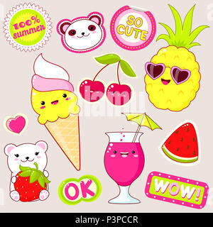 Set di icone carino in stile kawaii. Gli orsi polari con Fragola, gelato, ananas in occhiali da sole, ciliegia, bicchiere di succo di frutta, adesivo con iscrizione o Foto Stock