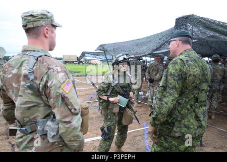 Esercito canadese Col. Martin Frank, il Vice Commander-Operations PER GLI STATI UNITI Esercito di Alaska, parla al magg. Chelsea Braybrook, commander, Bravo Company, 1° Battaglione, Princess Patricia canadese della fanteria leggera partecipano in #ArcticAnvil a Donnelly Area Formazione, Alaska Luglio 20. Foto Stock