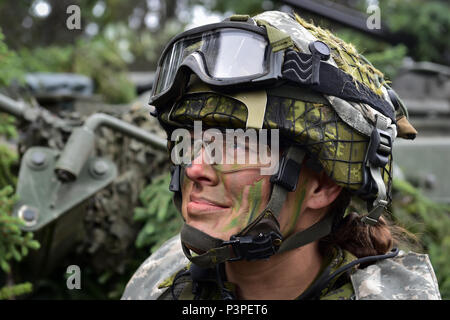 Esercito canadese Il Mag. Chelsea Anne Braybrook, comandante del bravo Company, 1° Battaglione, Principessa di Patricia luce canadese di fanteria, sorrisi come ella ascolta un compagno soldato in Donnelly Area Formazione vicino a Ft. Greely, Alaska, durante l'Artico incudine esercizio, Domenica, 24 luglio 2016. Arctic incudine è un giunto, multinazionale di esercizio che comprende le forze dalla USARAK del primo Stryker Brigade Combat Team, XXV divisione di fanteria e UATF, insieme con le forze dal 196th della brigata di fanteria congiunto del Pacific multinazionale funzionalità di disponibilità, l'Iowa Guardia Nazionale 133rd del reggimento di fanteria e il 1 ° Batt Foto Stock