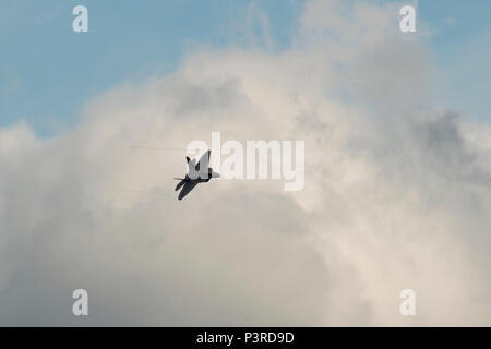 Il Mag. Dan 'rock' Dickinson, F-22 Raptor dimostrazione pilota del Team dalla base comune Langley-Eustis, Va. esegue manovre aeree durante Arctic Thunder Open House 2016 a base comune Elmendorf-Richardson, Alaska, 30 luglio 2016. I rapaci sono uno di 16 esecutori di antenna a ATOH. (U.S. Air Force photo by Staff Sgt. Sheila deVera) Foto Stock