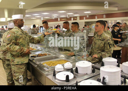 Lt. Col. Patrick Douglas, comandante del secondo battaglione, 8° reggimento di cavalleria "Stalloni," 1° Brigata corazzate contro la squadra, 1° Divisione di cavalleria, serve un pranzo a base di bistecca, code di aragoste e crab gambe di stallone soldati alla nuova Tomahawk dinning facility Luglio 18 su Camp Humphreys. (US Army foto di Spc. Jeremy riutilizzo 2° Battaglione, 8 reggimento di cavalleria, 1° Brigata corazzate contro la squadra, 1° Cav. Div.) Foto Stock