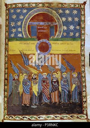 COMENTARIOS AL APOCALIPSIS, SIETE LOS ANGELES CON LAS COPAS Y EL TEMPLO, PROCEDERE DE VALCAVADO - SIGLO X. Autore: Beato di Liébana (c. 730-c. 798). Posizione: BIBLIOTECA DE LA UNIVERSIDAD, VALLADOLID, Spagna. Foto Stock