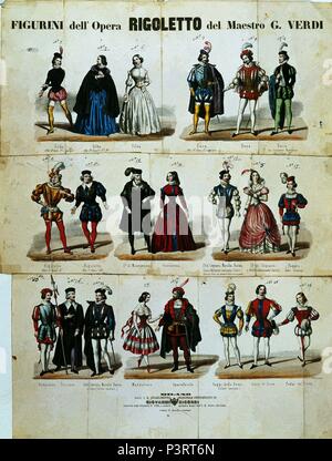 Figurine PARA LA OPERA "Rigoletto" DE VERDI - 1860. Autore: Corbetta. Posizione: MUSEO SCALA DI MILANO, Italia. Foto Stock