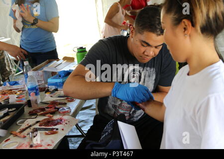 BASE COMUNE DI PEARL HARBOR-HICKAM (13 luglio 2016) il personale medico membri applicano moulage o simulazioni di ferite, per pazienti volontari durante il sanitario regionale led Command-Pacific assistenza umanitaria - Aiuto in caso di catastrofe (HA/DR) simulazione di massa-casualty esercitare il 13 luglio a Ford Island in Hawaii, al fine migliorare la preparazione alle catastrofi tra Stati Uniti e partner internazionali il governo e il settore privato agenzie. Venti-sei nazioni, più di 40 navi e sottomarini, più di 200 aerei e 25.000 personale partecipano a bordo del pacifico esercizio dal 30 giugno al 4 agosto, e arou Foto Stock