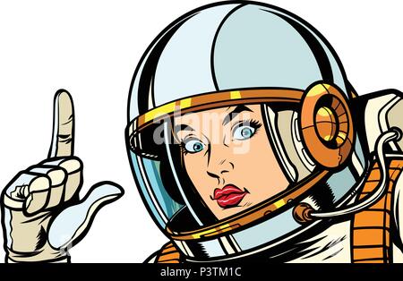 Astronauta donna puntare il dito fino, isolare su sfondo bianco Illustrazione Vettoriale