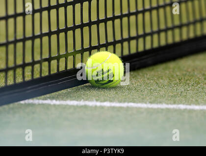 Queens Club di Londra, Regno Unito. 19 giugno 2018. La classica struttura i campionati di tennis; Wimbledon 2018 palla da tennis si appoggia contro il credito netto: Azione Plus sport/Alamy Live News Foto Stock