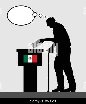 Elettore messicano vecchio uomo votare alle elezioni in Messico con bolle di pensiero. Tutti gli oggetti di silhouette e gli sfondi sono in diversi strati. Illustrazione Vettoriale