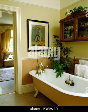 Il vetro piccolo armadio anteriore sulla parete sopra il rullo top bagno in stile edoardiano bagno con houseplant verde Foto Stock