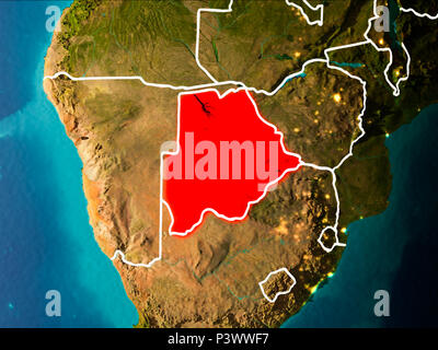 Il Botswana in mattinata evidenziata in rosso sul pianeta Terra con visibili le linee di confine e luci della citta'. 3D'illustrazione. Gli elementi di questa immagine arredati con Foto Stock