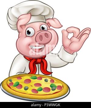 Cartoon di maiale Pizza Chef carattere Illustrazione Vettoriale