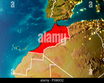 Il Marocco al mattino evidenziata in rosso sul pianeta Terra con visibili le linee di confine e luci della citta'. 3D'illustrazione. Gli elementi di questa immagine arredate Foto Stock