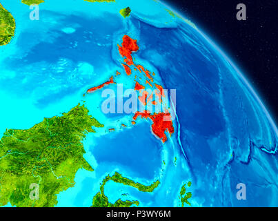 Vista dallo spazio delle Filippine evidenziata in rosso sul pianeta Terra. 3D'illustrazione. Gli elementi di questa immagine fornita dalla NASA. Foto Stock