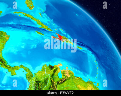 Vista dallo spazio di Haiti evidenziata in rosso sul pianeta Terra. 3D'illustrazione. Gli elementi di questa immagine fornita dalla NASA. Foto Stock