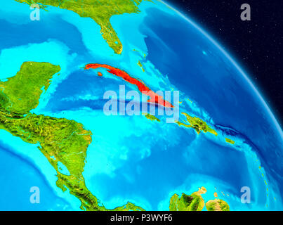 Vista dallo spazio di Cuba ha evidenziato in rosso sul pianeta Terra. 3D'illustrazione. Gli elementi di questa immagine fornita dalla NASA. Foto Stock