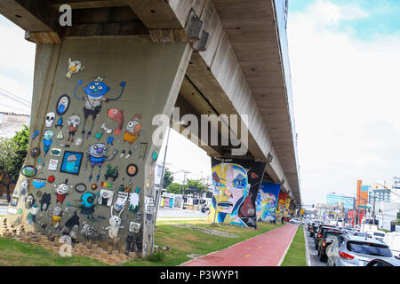 Vista de grafites fare Aberto Museu de Arte Urbana (MAAU-SP), pintados nos pilares que sustentam o trecho elevado da Linha 1-Azul do Metrô na Avenida Cruzeiro do Sul em São Paulo (SP). Foto Stock