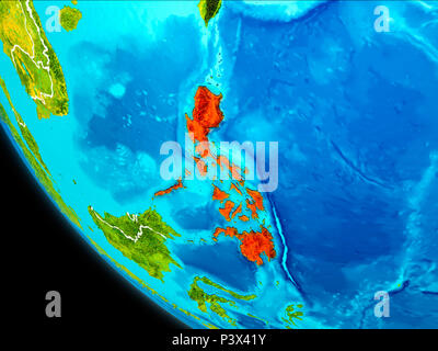 Filippine evidenziata in rosso sul pianeta Terra con confini visibili. 3D'illustrazione. Gli elementi di questa immagine fornita dalla NASA. Foto Stock