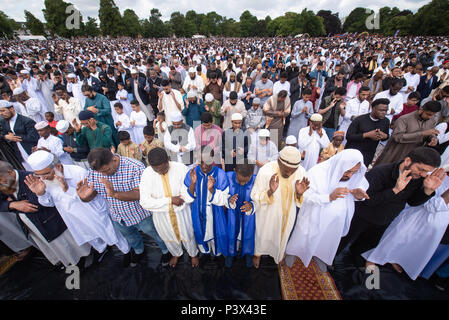 Small Heath Park, Birmingham, Regno Unito. Il 15 giugno, 2018. Nella foto: migliaia di musulmani giovani e vecchi dire preghiere in Small Heath Park. / Più grande d'Europa Ei Foto Stock