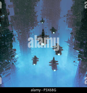 Il viaggio home / 3D illustrazione di astronavi volare attraverso il buio e futuristica città avvolte in nubi Foto Stock