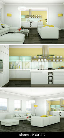 Tre viste di interni moderni loft design 3D Rendering Foto Stock