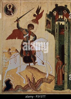 ICONO DE SAN JORGE Y EL Drago - SIGLO XV - ARTE RUSO. Autore: Escuela de Novgorod. Posizione: GALERIA TRETYAKOV, MOSKAU, RUSSIA. Foto Stock