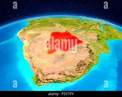 Vista satellitare del Botswana evidenziata in rosso sul pianeta Terra. 3D'illustrazione. Gli elementi di questa immagine fornita dalla NASA. Foto Stock