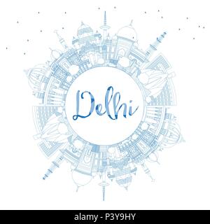 Delineare Delhi India skyline della città con edifici blu con copia spazio. Illustrazione Vettoriale. Viaggi di affari e turismo Concept Illustrazione Vettoriale