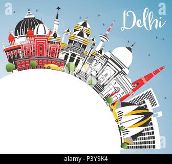 Delhi India skyline della città con edifici di colore, il blu del cielo e spazio di copia. Illustrazione Vettoriale. Viaggi di affari e turismo Concept Illustrazione Vettoriale