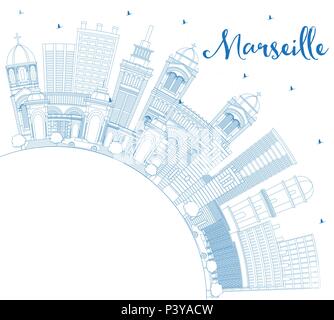 Delineare Marseille Francia dello skyline della città con edifici blu e copia di spazio. Illustrazione Vettoriale. Viaggi di affari e turismo Concept Illustrazione Vettoriale