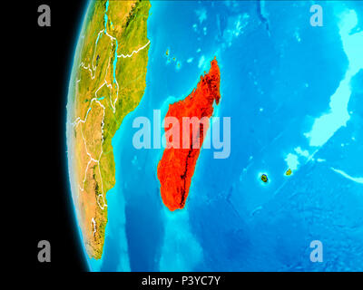 Madagascar come visto da orbita terrestre sul pianeta terra evidenziata in rosso con confini visibili. 3D'illustrazione. Gli elementi di questa immagine fornita da NA Foto Stock