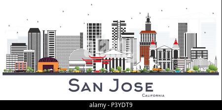San Jose California Skyline con edifici grigi isolati su bianco. Illustrazione Vettoriale. Viaggi di affari e di turismo con il concetto di architettura moderna. Illustrazione Vettoriale