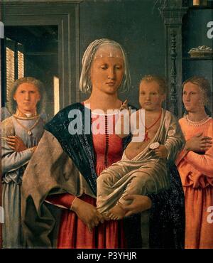 La Madonna di Senigallia con il Bambino e due angeli - ca. 1470 - 61x53,5 cm - tempera su pannello - Rinascimento italiano. Autore: Piero della Francesca (c. 1415-1492). Posizione: GALLERIA NAZIONALE DELLE MARCHE, Urbino, Italia. Noto anche come: MADONNA DI SENIGALLIA-MADONNA BENDICIENDO CON EL NIÑO Y DOS ANGELES. Foto Stock