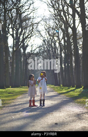 Due simpatici giovani sorelle asiatiche a suonare e a piedi su un bel sentiero in un parco con treelines scomparendo nella distanza in prospettiva Foto Stock