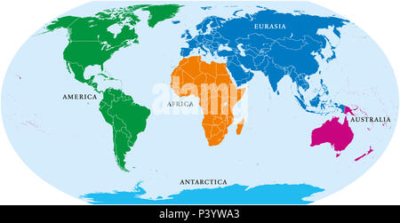 Tutti e cinque i continenti del mondo politico, mappa. Africa America Antartide, in Australia e in Eurasia, con coste e frontiere. Proiezione Robinson. Foto Stock