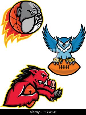Il Mascot icona set illustrazione del football americano o graticola e pallacanestro mascotte di sport come il bulldog, grande gufo cornuto stringendo la sfera e il rasoio Illustrazione Vettoriale