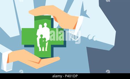 La protezione della famiglia. Concetto di assicurazione. Agente o il medico tiene in mano il simbolo della famiglia isolato su sfondo grigio. Illustrazione Vettoriale