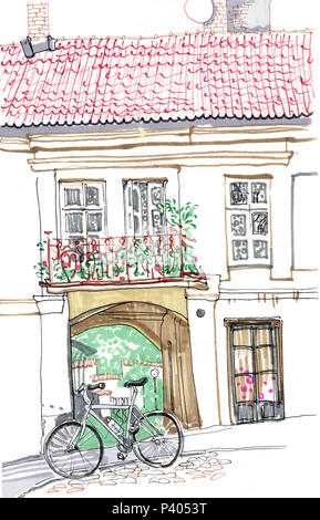 Città vecchia strada europeo. Disegnato a mano stile sketch pennarello illustrazione. Urban romantico paesaggio con la vecchia casa, windows, balcone, tetto di tegole, cortile, bicicletta. Vilnius, Lituania famosa vista. Foto Stock
