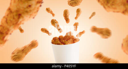 Vuoto benna alimentare con ali di pollo mock up, senza gravità, rendering 3d. Svuotare il secchio un fast food mockup, isolata. Carta gallina modello bucketful Foto Stock