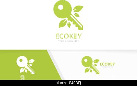 Chiave di vettore e di foglie di combinazione di logo. Bloccare ed eco di simbolo o icona. Casa unica e logotipo organico modello di disegno. Illustrazione Vettoriale