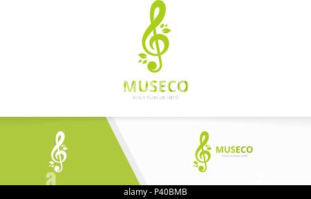 Il vettore chiave di violino e di foglie di combinazione di logo. La musica e l'eco di simbolo o icona. Un suono unico e logotipo organico modello di disegno. Illustrazione Vettoriale