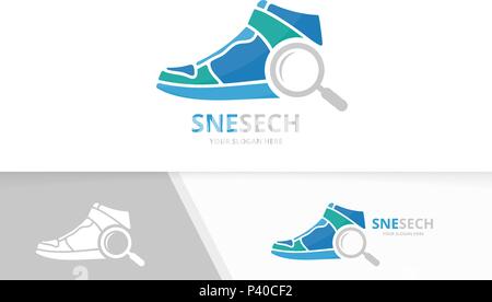 Vector sneaker e loupe combinazione di logo. Calzatura e ingrandimento di simbolo o icona. Scarpe uniche e logotipo Ricerca modello di disegno. Illustrazione Vettoriale