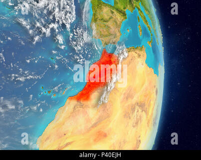 Vista dallo spazio del Marocco evidenziata in rosso sul pianeta Terra con atmosfera. 3D'illustrazione. Gli elementi di questa immagine fornita dalla NASA. Foto Stock