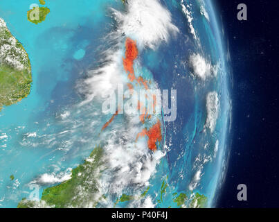 Vista dallo spazio delle Filippine evidenziata in rosso sul pianeta Terra con atmosfera. 3D'illustrazione. Gli elementi di questa immagine fornita dalla NASA. Foto Stock