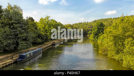 Narrowboats ormeggiate barche e per il tempo libero facendo una crociera sul Fiume Tamigi, Goring-on-Thames, lettura, Oxfordshire, Inghilterra, Regno Unito. Foto Stock