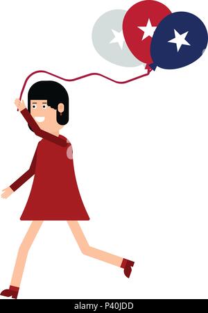 Una donna corre con palloncini su cui americani vengono disegnati simboli isolati su sfondo bianco Illustrazione Vettoriale