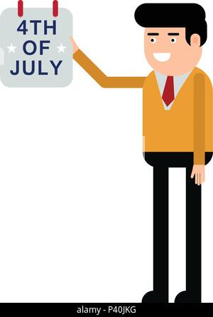 Un uomo mostra un calendario con il quarto di luglio isolati su sfondo bianco Illustrazione Vettoriale