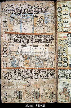 Pagina del Codex Tro-Cortesianus. Facsimile. Pagina del Codex Tro-Cortesianus. La cultura maya. Gli dei e gli uomini. Xiii-XV secolo. Posizione: MUSEO DE AMERICA-COLECCION, MADRID, Spagna. Foto Stock