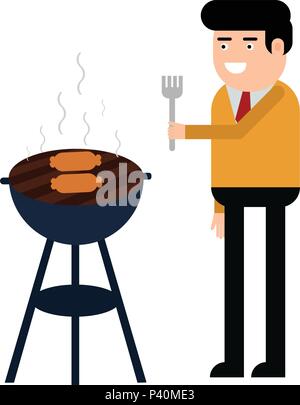 L uomo è la cottura di un barbecue. Friggere la carne e le salsicce sul fuoco isolati su sfondo bianco Illustrazione Vettoriale